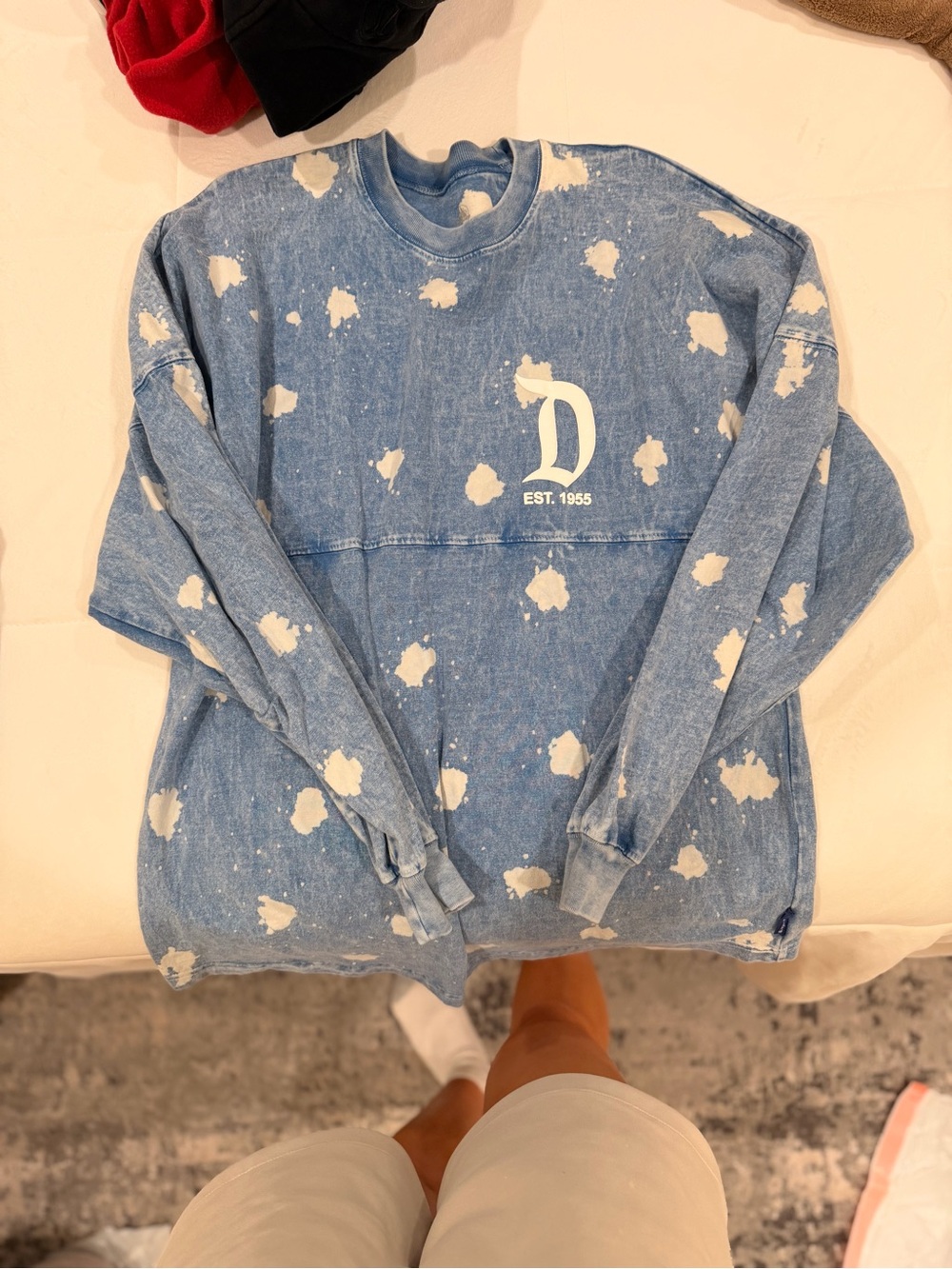 Disney Blue Distressed Crewneck Sweatshirt with White Splatter